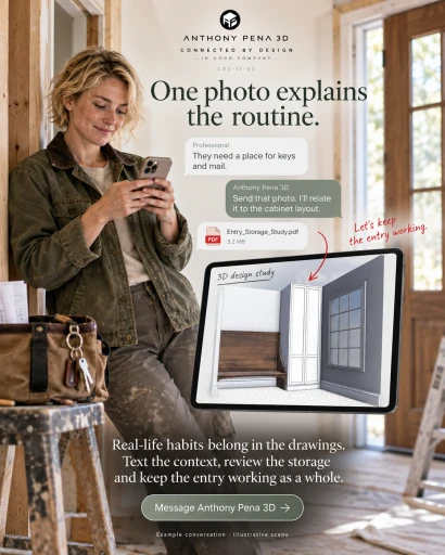 Illustrated professional using a phone beside an entry model with a wooden bench and tall white cabinet.