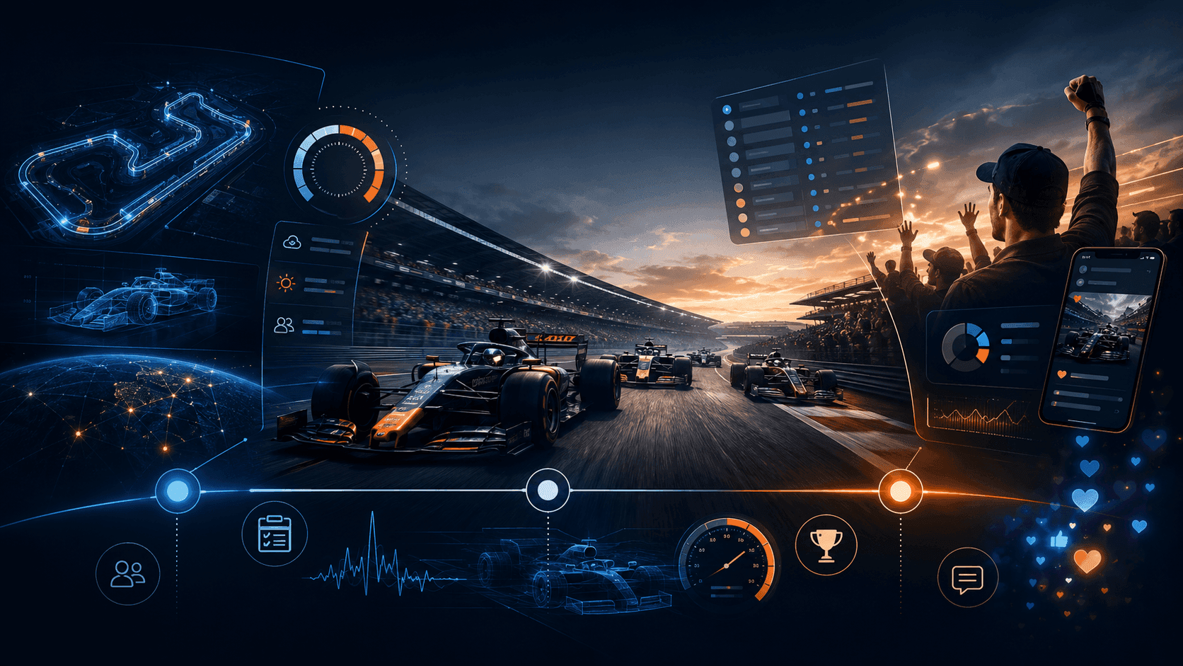 A motorsport fan using a racing app with a sponsor-branded module, against a circuit backdrop.