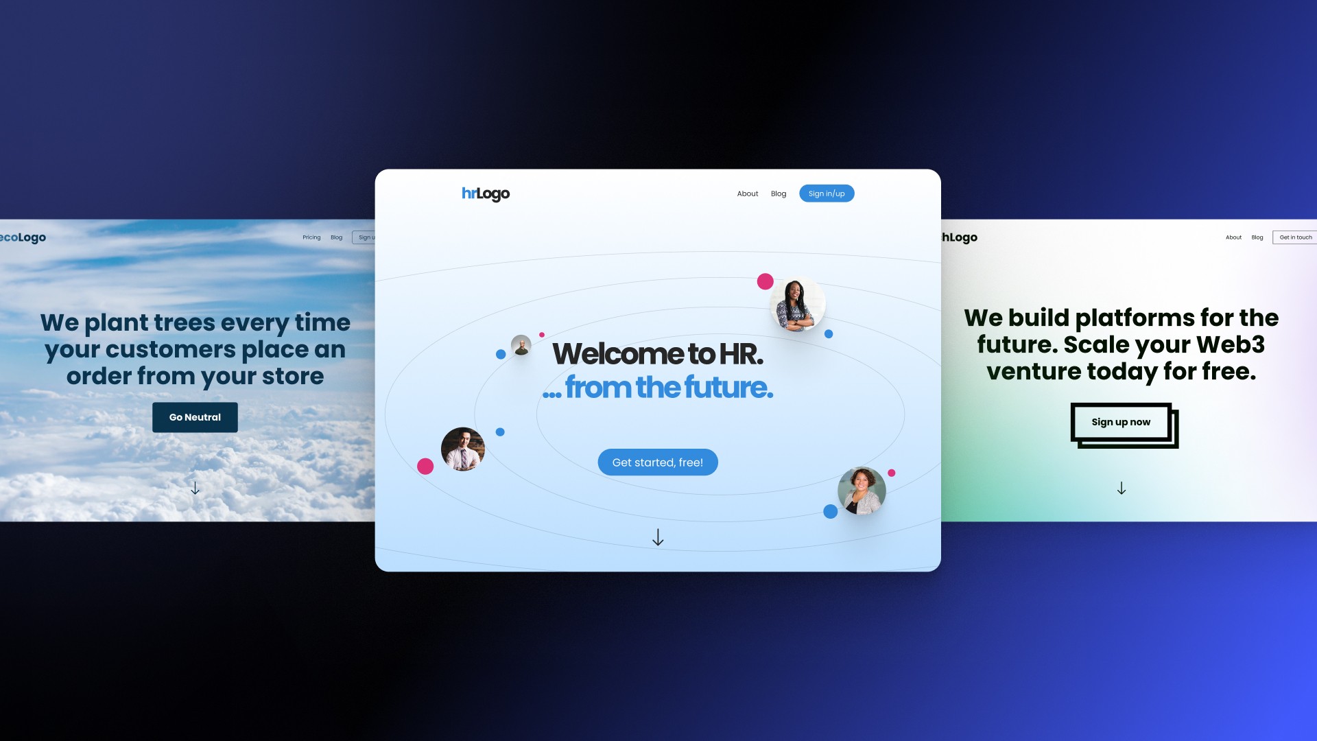 Three landing page hero sections on a gradient background