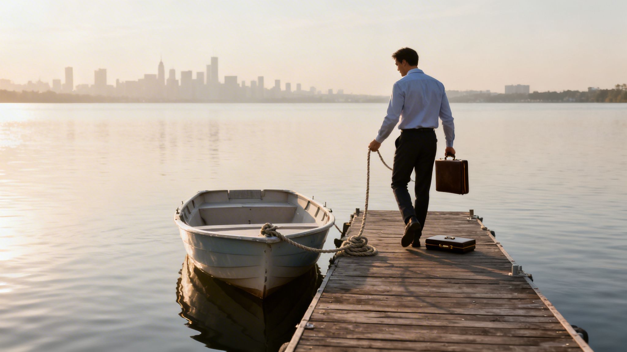 En man i skjorta och byxor går på en träbrygga mot en båt, med en stadssiluett i bakgrunden.