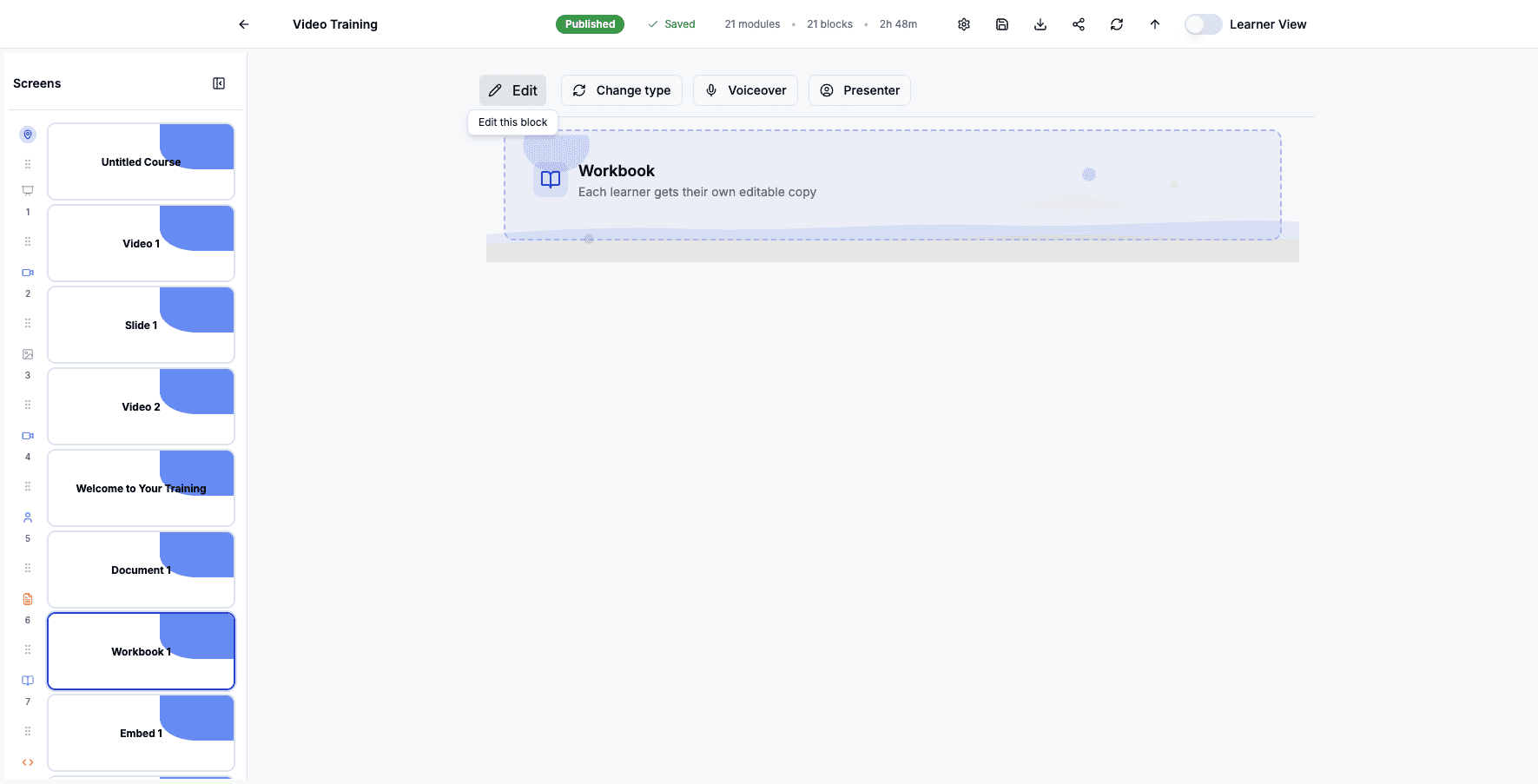 Click Edit to modify the workbook file or settings for learners.