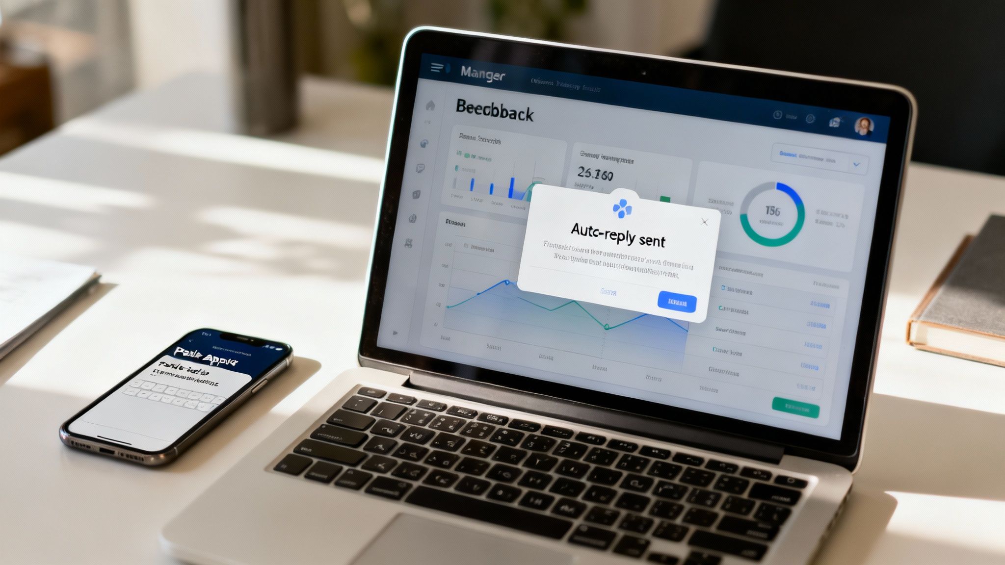 A laptop displays a dashboard with 'Auto-reply sent' popup, next to a smartphone showing a feedback app.