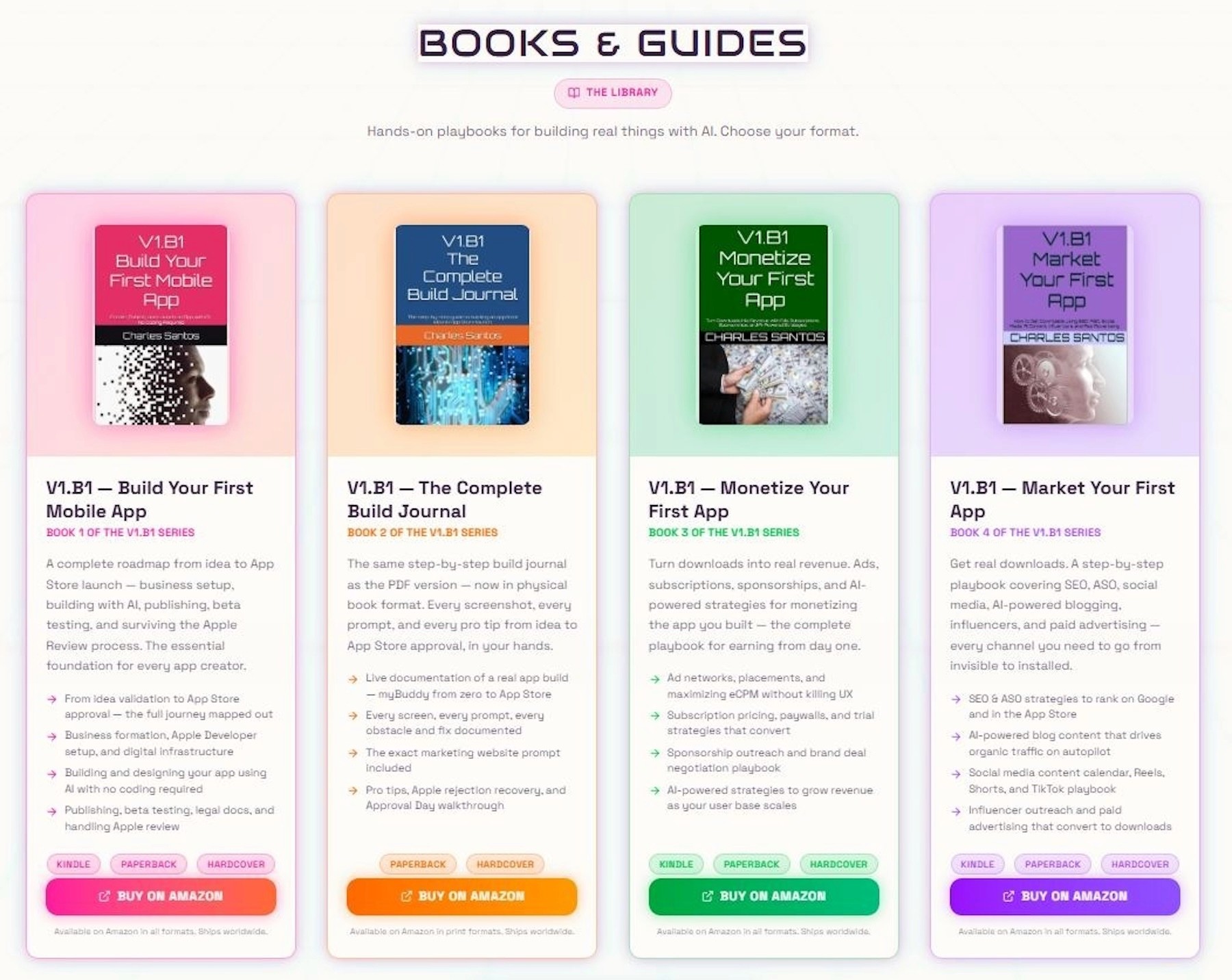 V1.B1 book series showcasing AI app-building guides covering development, monetization, and marketing.