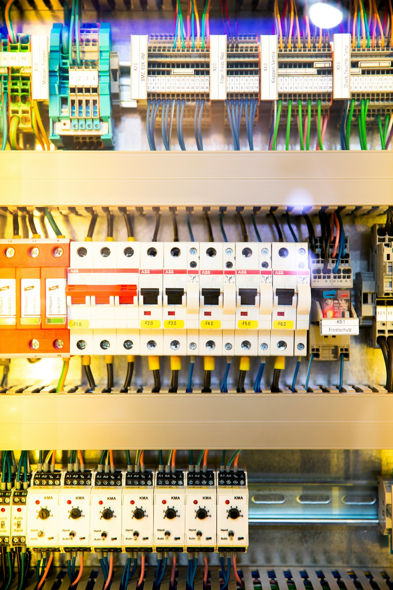 An upgraded fuse board with modern circuit breakers.