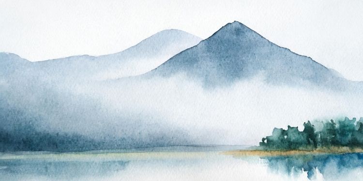 A blue, green, and white water color painting of mountains and a lake