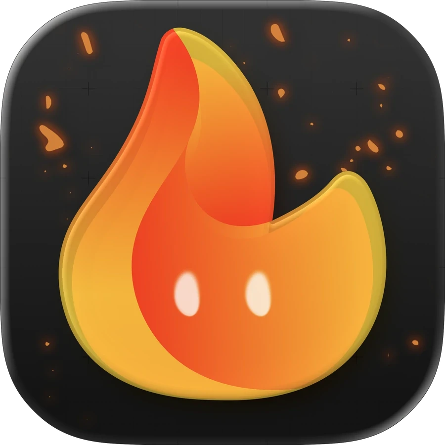 Icono de FitWoody 2.0 en modo oscuro: la llama naranja sobre fondo negro con brasas