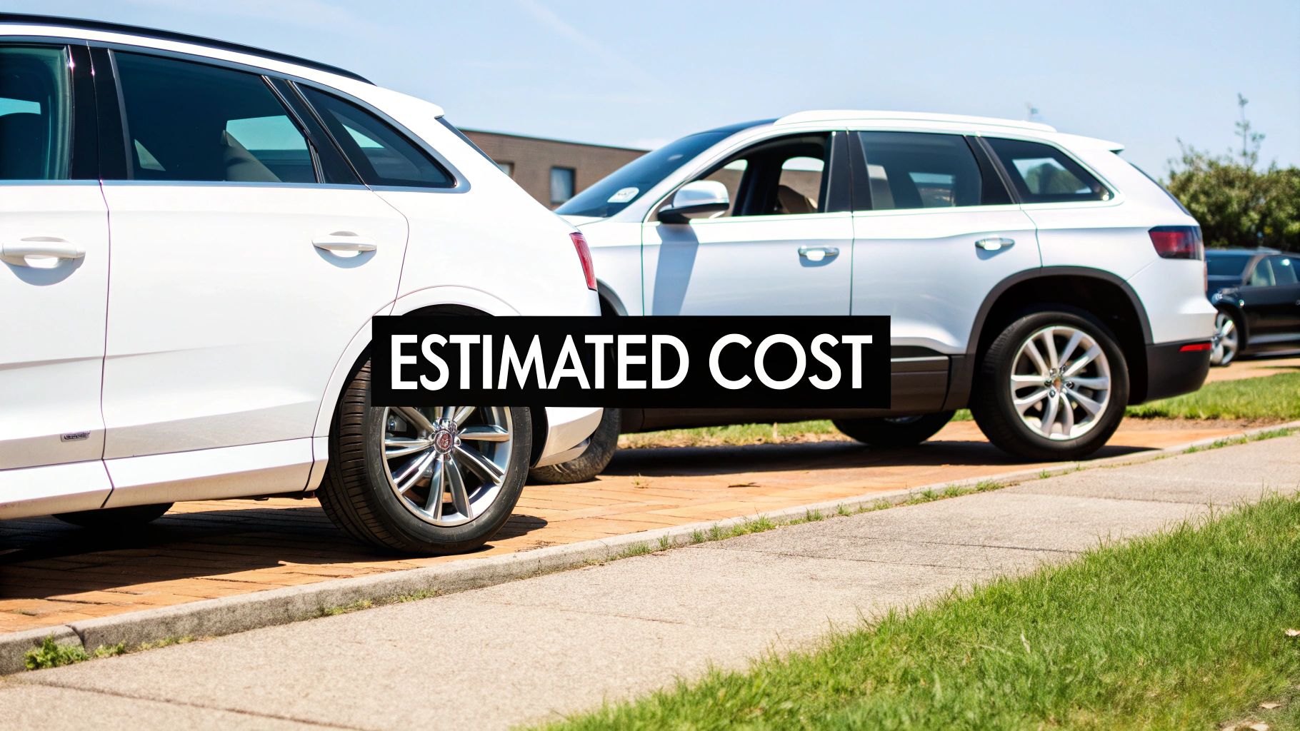 Two white SUVs parked outdoors on a sunny day, with a prominent 'ESTIMATED COST' text overlay.