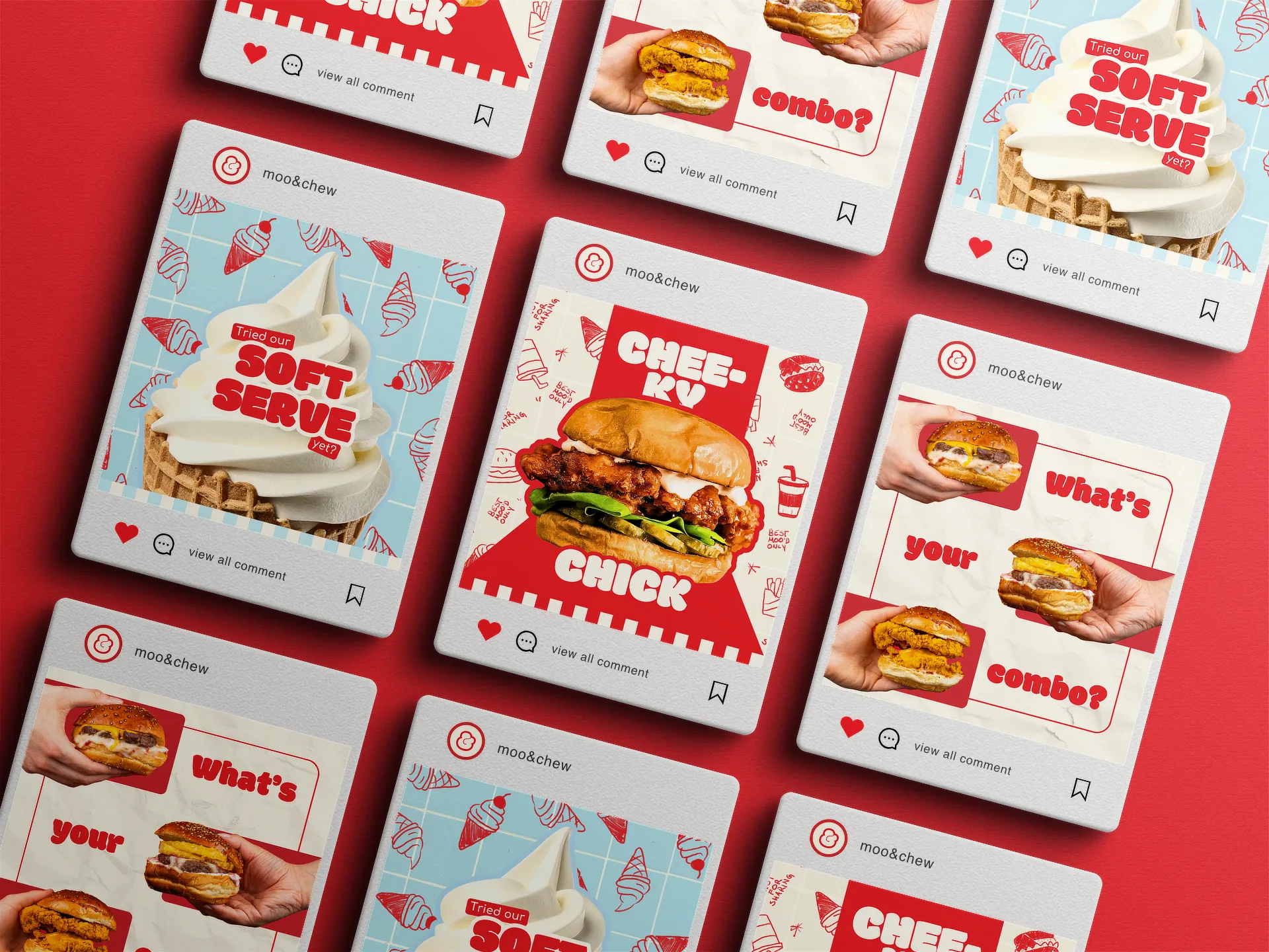 An Instagram grid mockup displaying branded social media post templates for a fast food restaurant, showcasing content marketing of the brand, made by Studio Liminal.