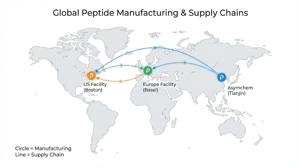 Global peptide CDMO manufacturing locations and supply chain connections
