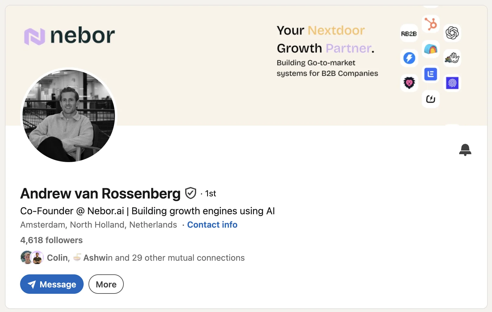 LinkedIn profile: Andrew van Rossenberg, co-founder of Nebor and Clay Experts for ABM, GTM, and sales automation