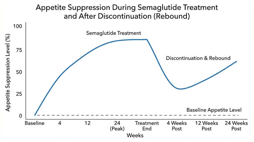 Graph of semaglutide appetite suppression during treatment and after stopping