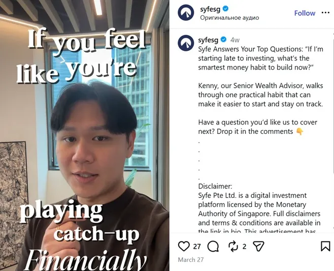 Screenshot of an Instagram video post featuring a young man speaking about investing, with on-screen text about “playing catch-up financially,” alongside a caption from a financial platform offering advice on starting to invest later.