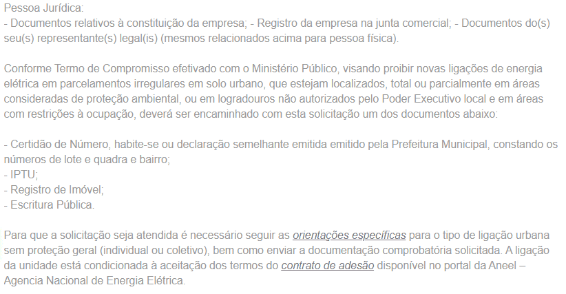 documentação pessoa juridica para solicitar ligação nova pelo site cemig atende
