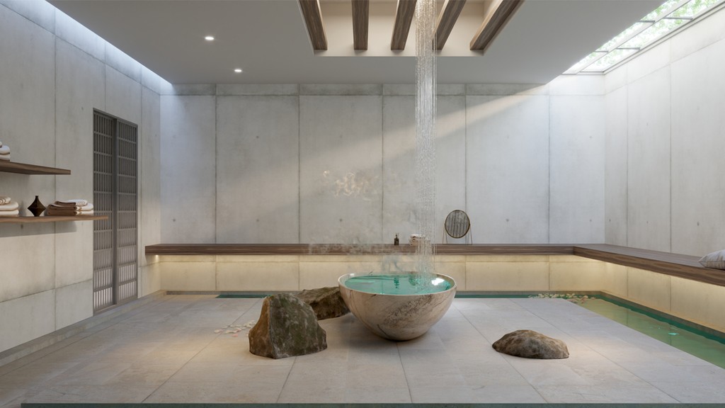 Modern, calm bathroom with natural light, featuring a central stone bowl pool with a waterfall. Minimalist decor with wood accents; serene ambiance. at Samana Park Meadows