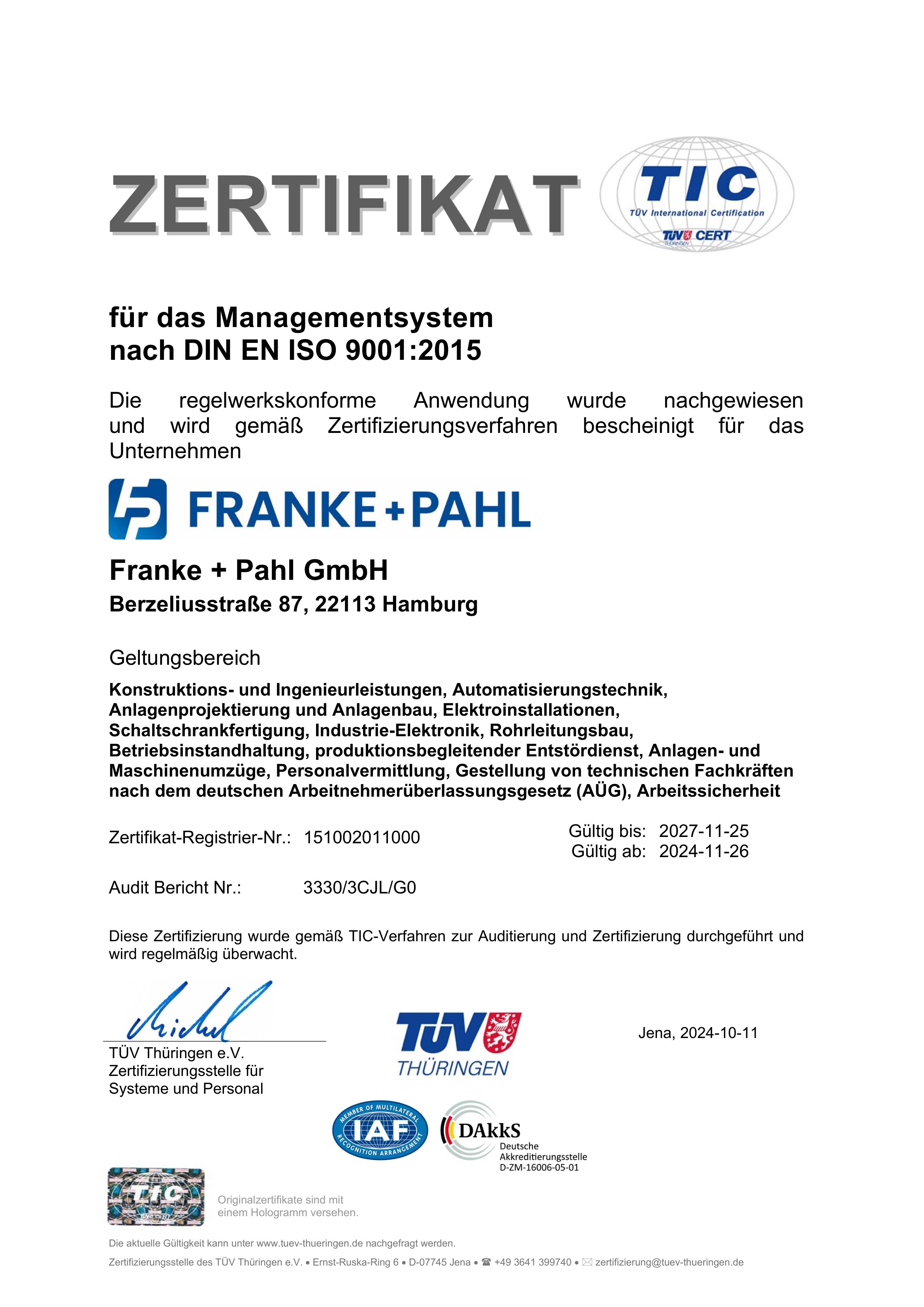 Zertifikat für Managementsystem nach DIN EN ISO 9001:2015, Franke + Pahl GmbH, TÜV Thüringen, gültig bis 2027.