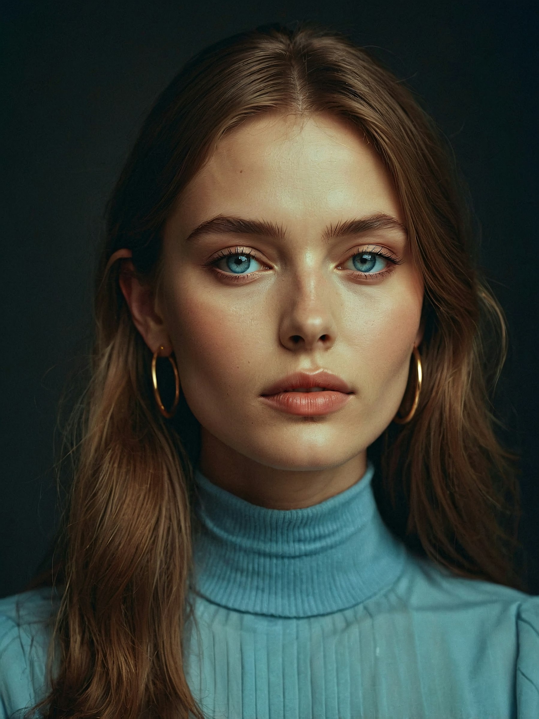 A girl with round golden earrings and a sweater in an emerald color 