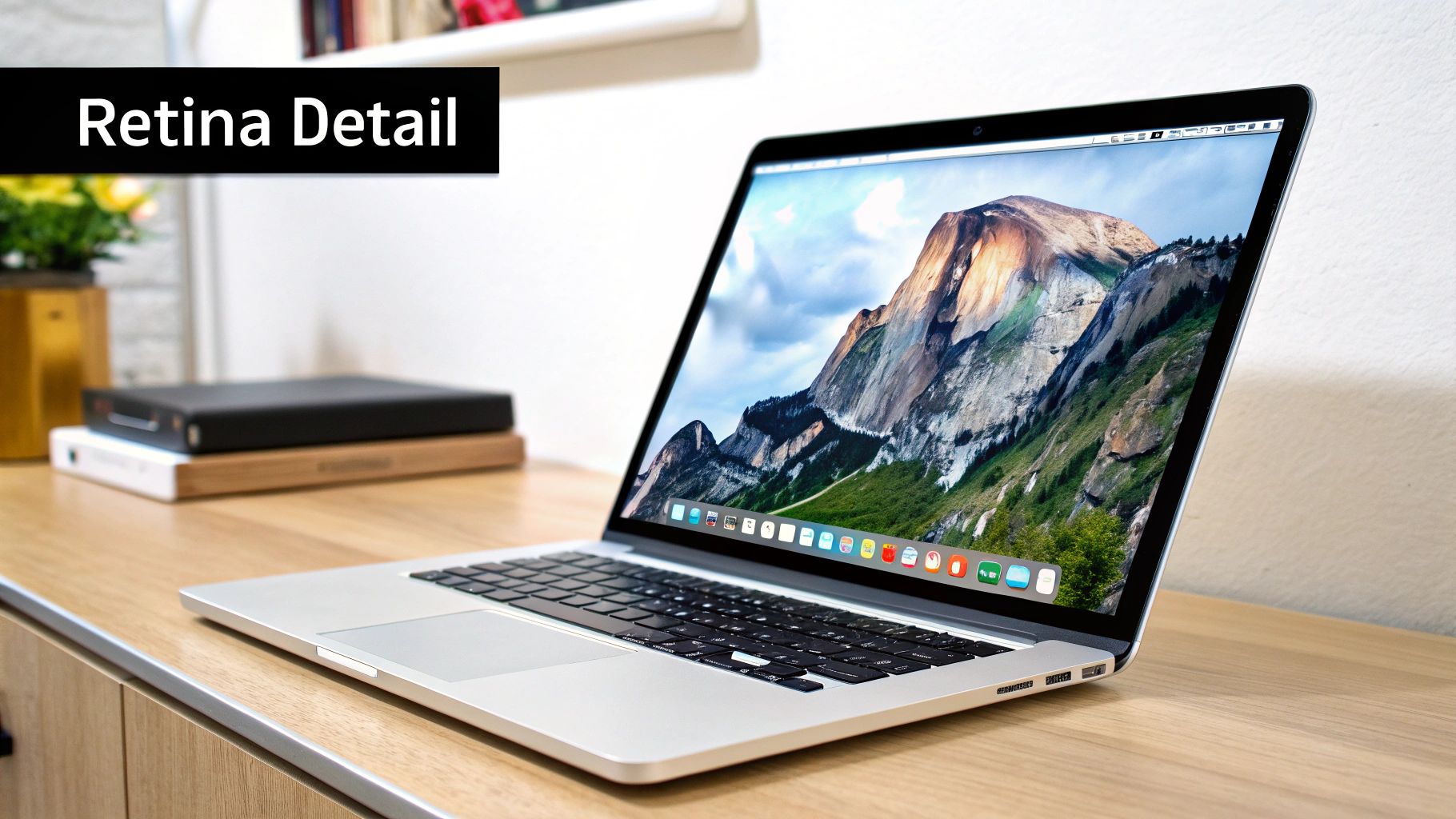 A sleek Mac setup with a vibrant 4K wallpaper displayed on the screen