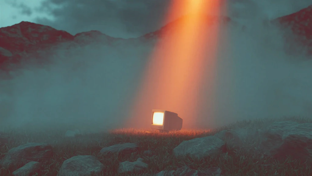 a ctr computer in a hazy, mysty environment, with a beam of light shining on it