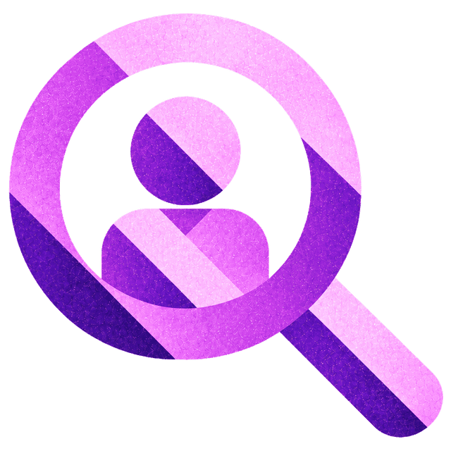 Magnifying glass over a person icon, finding talent