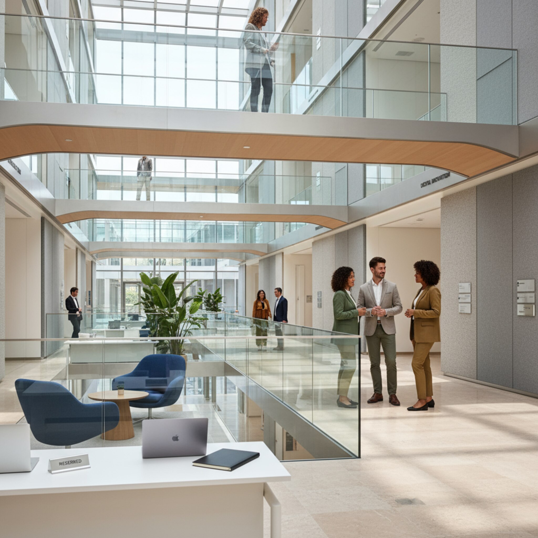 Ein helles Atrium verbindet mehrere Etagen einer Zentrale, von denen schmale Brücken auf offene Arbeitsbereiche führen. Kleine Schildchen markieren Teamzonen, einige Plätze bleiben bewusst reserviert. Zwei Mitarbeitende sprechen kurz und zeigen auf einen ruhigen Bereich. Der Gesamteindruck ist klar, fair und strukturiert.