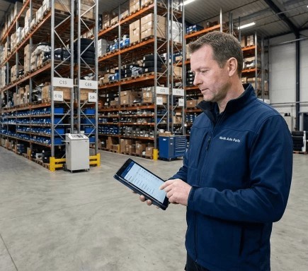 Man using a tablet in a warehouse filled with tires and shelves.