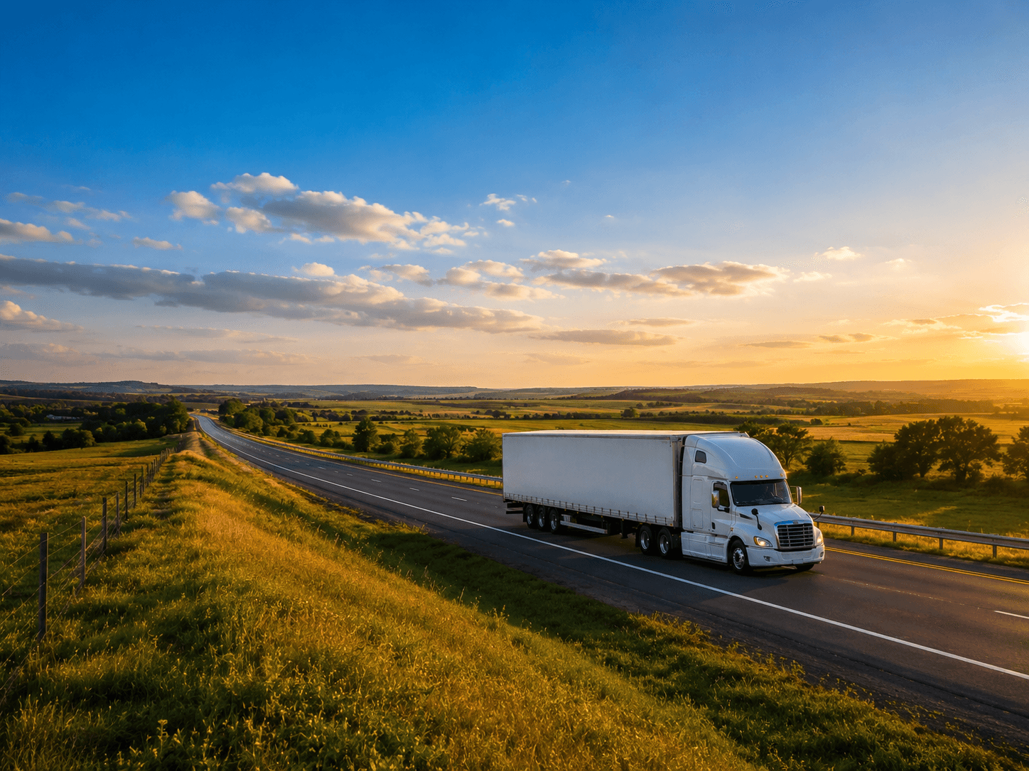 Blue semi truck driving on a highway toward a city skyline, with a forklift loading pallets at a nearby warehouse dock.