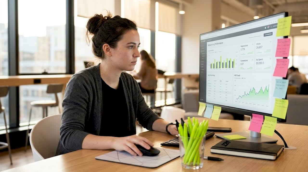 Marketer checking ROI dashboard and ad spend