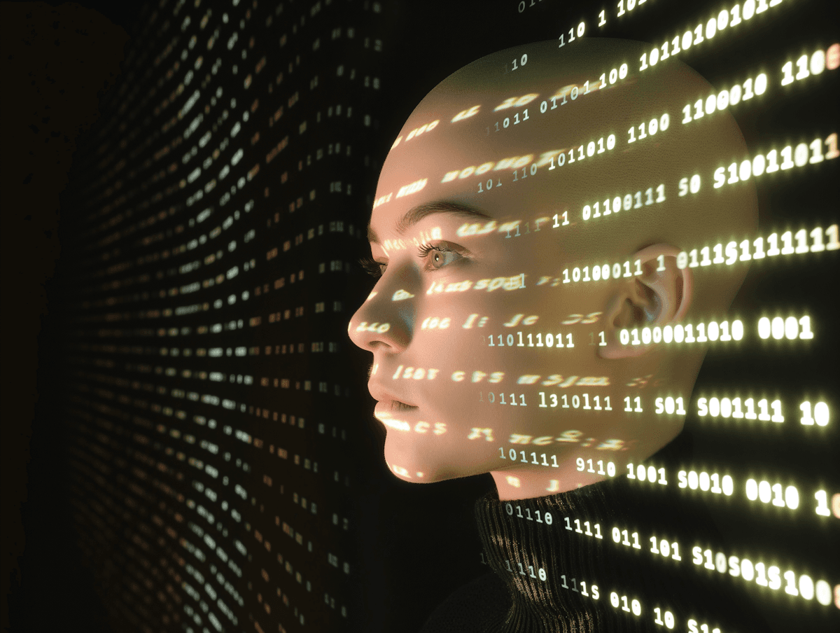 Glowing binary code on face