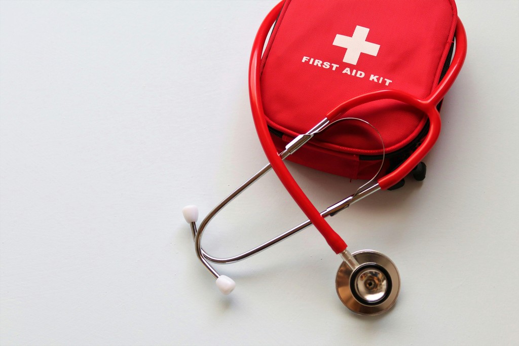 Red first aid kit.