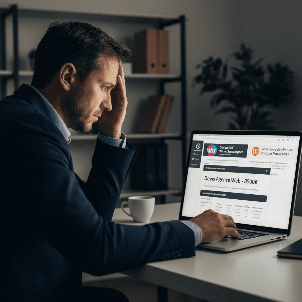 Dirigeant PME comparant différentes plateformes web comme Wix et Squarespace sur son ordinateur pour choisir la meilleure solution