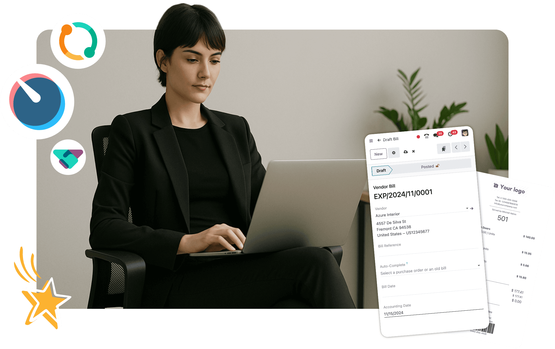 Odoo business professional working on a laptop with digital invoice and analytics icons representing efficiency software