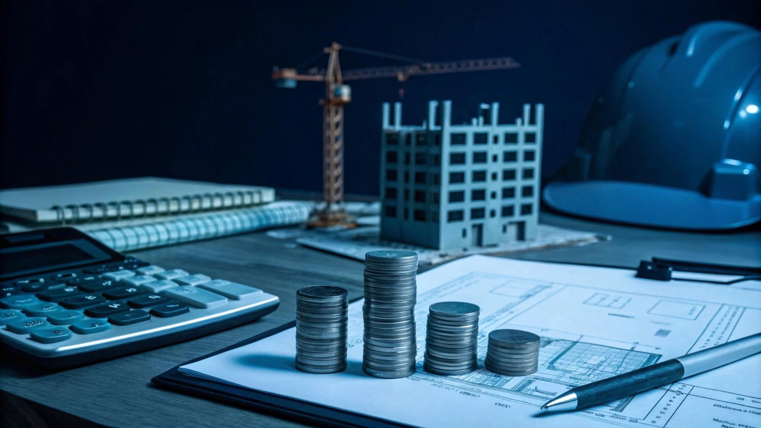 Moedas empilhadas sobre planta e calculadora ilustram roi na construção e análise de custos da obra.