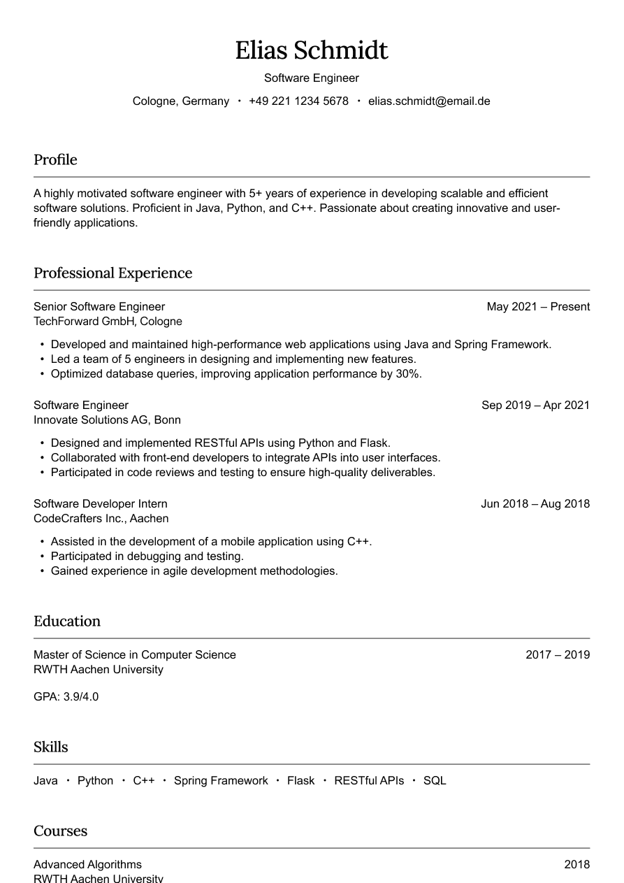 General software engineer resume example with a balanced layout highlighting skills, experience, and impact