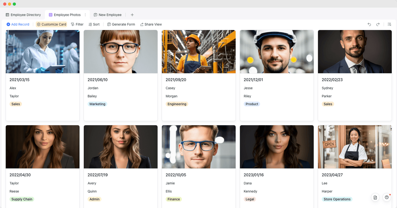 An example of having various views in the employee directory template.