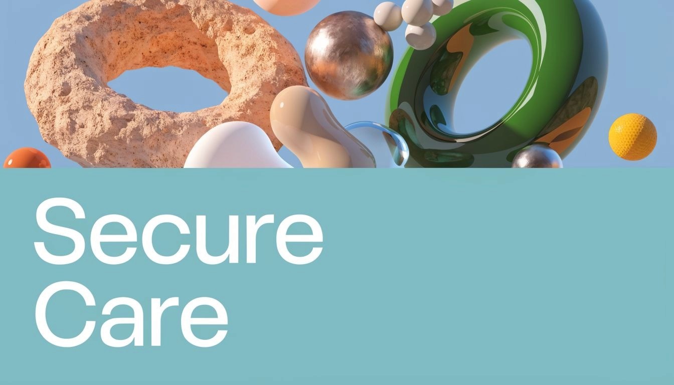 Abstract 3D shapes with textured and glossy surfaces floating above the text Secure Care.