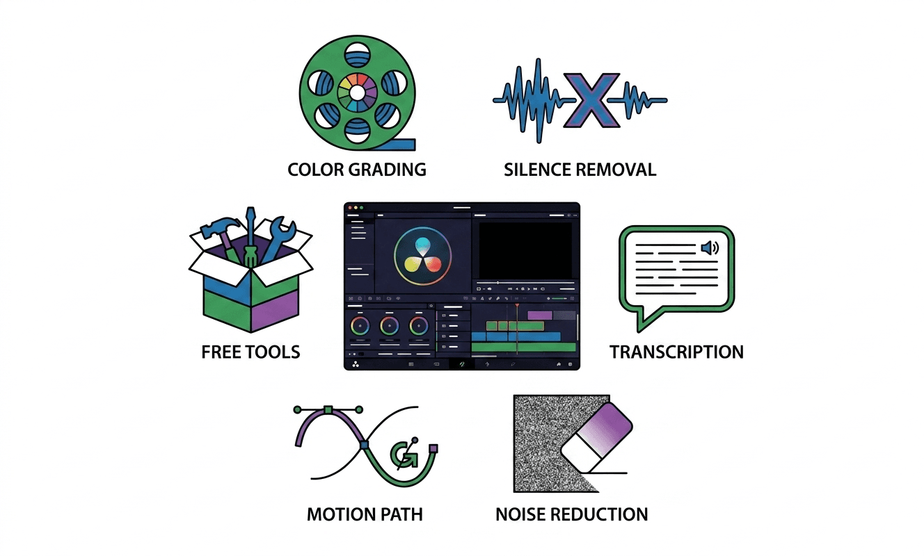 Flat illustration of a DaVinci Resolve-style dark editing interface with plugin icons arranged around it representing color grading, noise reduction, transcription, and silence removal tools
