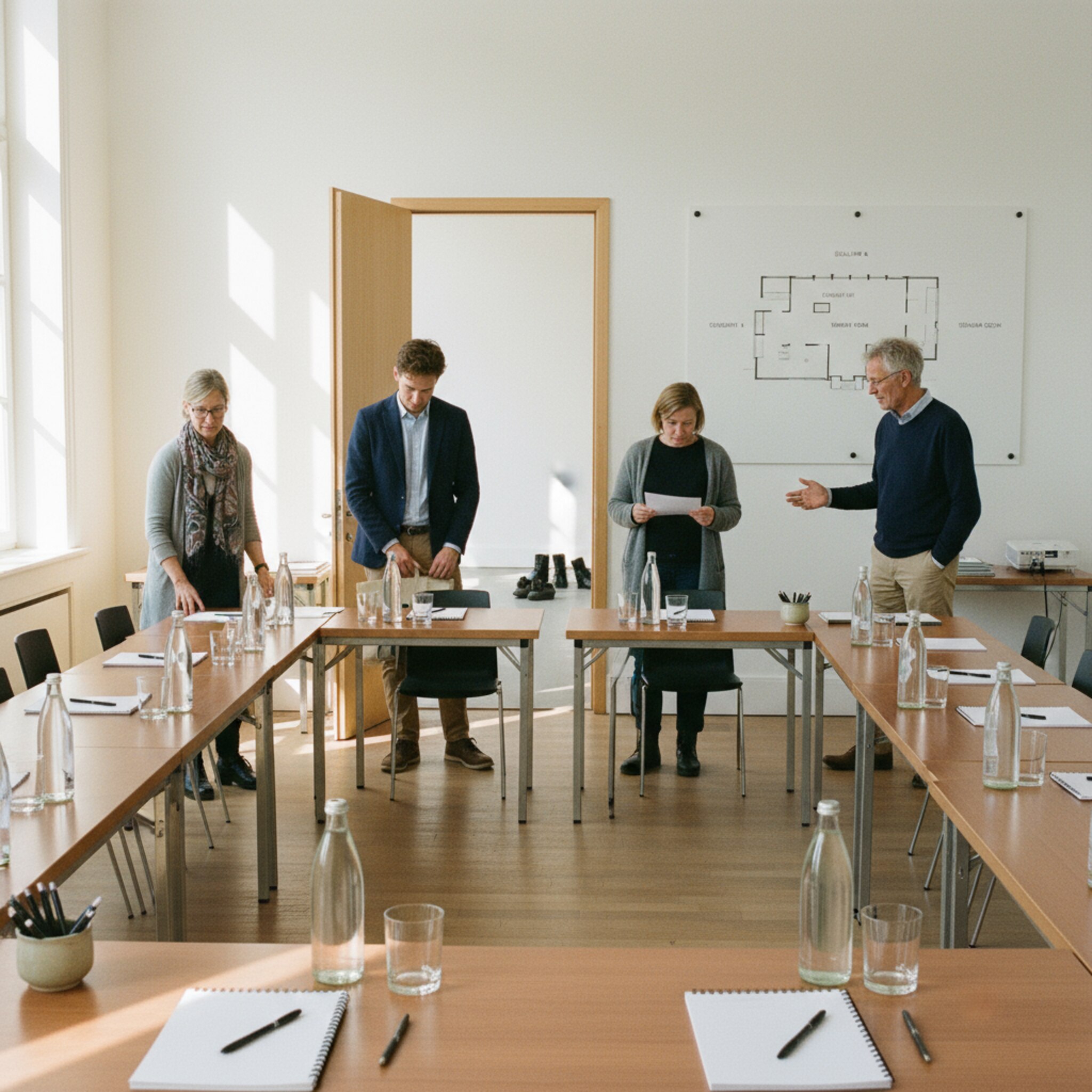Ein heller Seminarraum mit U-förmig gestellten Tischen. Auf jedem Platz liegen Notizblöcke und Wasser. An der Wand hängt ein schlichter Grundriss des Hauses. Die Tür steht offen, leise Schritte aus dem Flur kündigen die ersten Gäste an.