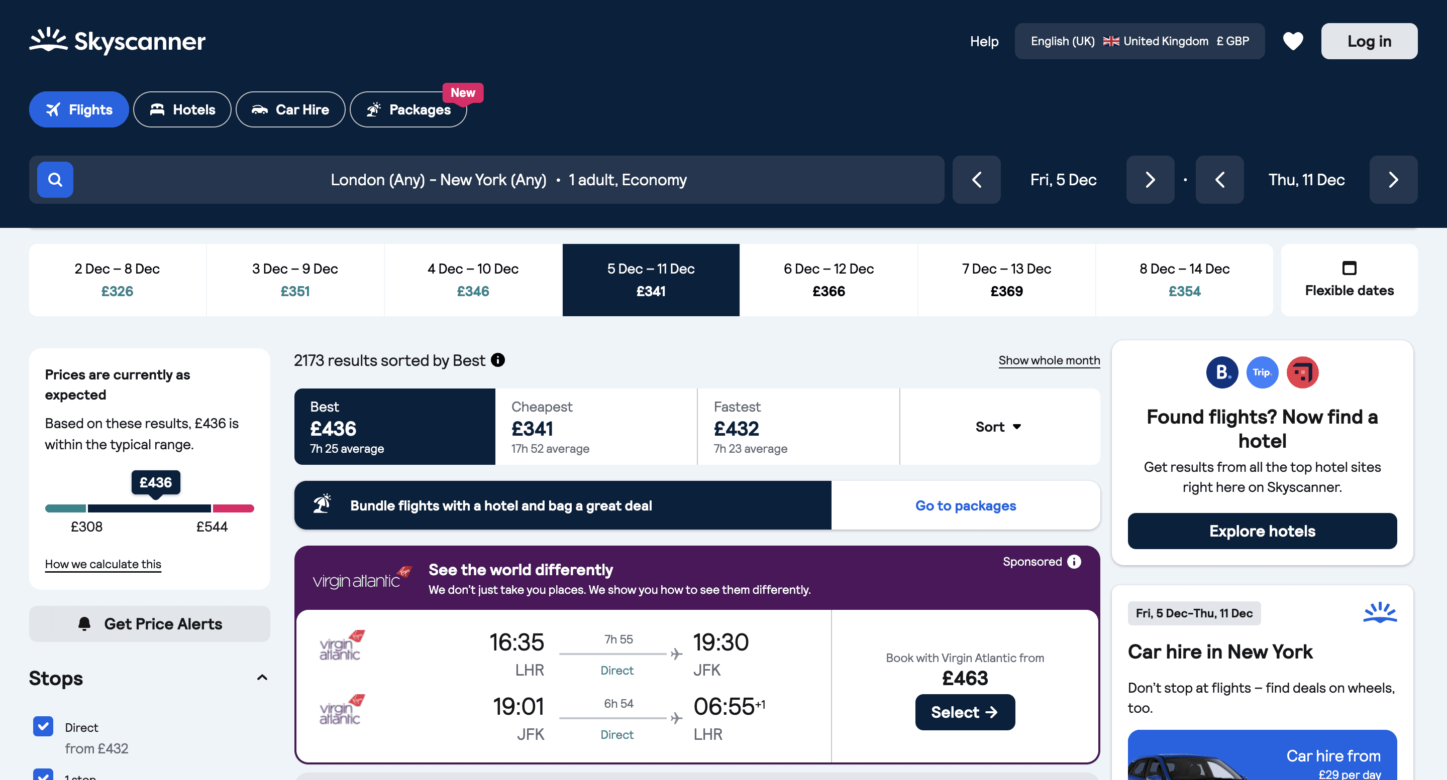 List of flights from London to Newyork on Skyscanner