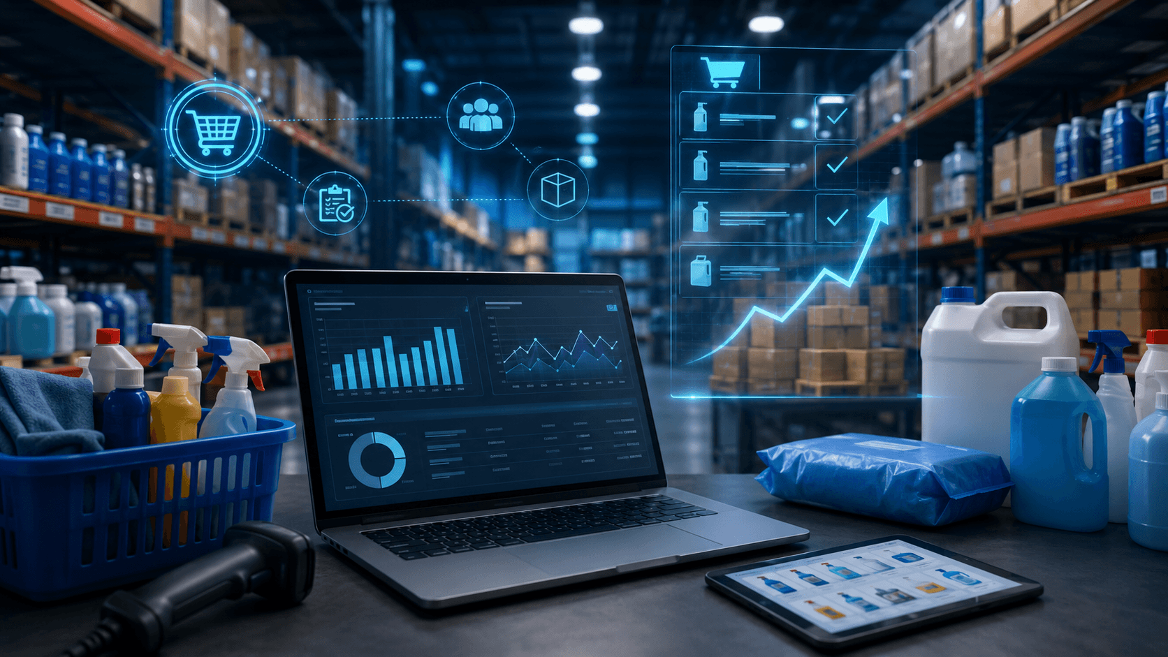 Sistema de ecommerce B2B para higiene e limpeza integrado ao ERP em um centro de distribuição moderno. Em primeiro plano, notebook e tablet exibindo catálogo digital, regras de preços segmentadas por perfil de cliente, sugestões automáticas de recompra e indicadores de aumento de pedidos recorrentes. Ao redor, embalagens profissionais de produtos de limpeza, galões, detergentes e itens de higiene organizados em prateleiras industriais. Elementos visuais de integração de dados conectam o canal de vendas ao ERP, incluindo documentos fiscais digitais, fluxos automatizados e validações tributárias. Ambiente corporativo, tecnologia avançada, renderização 3D hiper-realista, iluminação profissional, sem pessoas, sem texto, composição única em formato panorâmico 16:9.