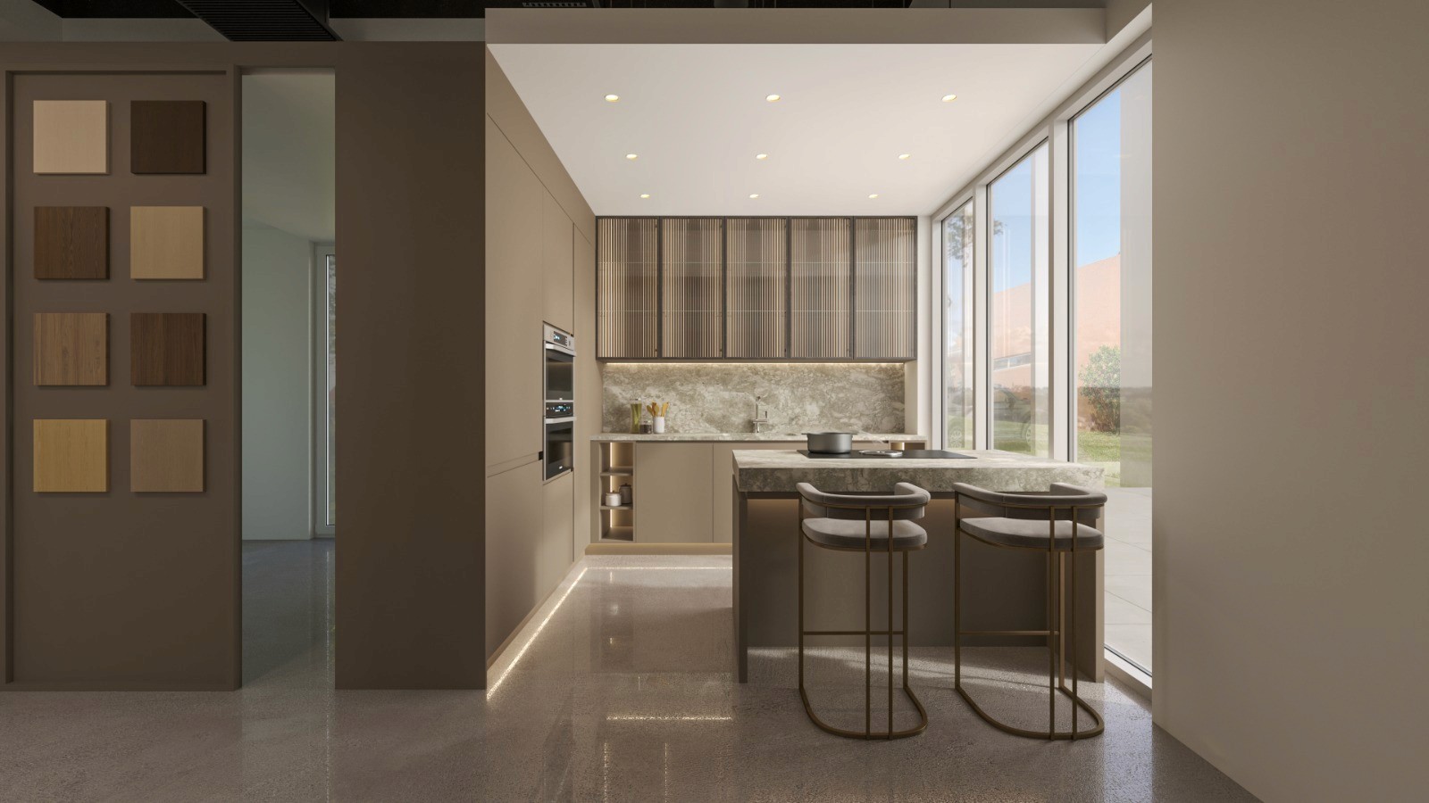 Kabeenet Showroom kitchen island view with bar stools, large windows, and cabinetry