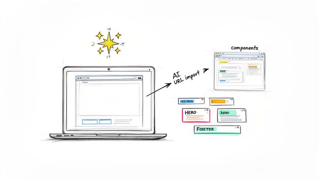 Illustration of AI converting a webpage from a URL into modular design components for website templates.