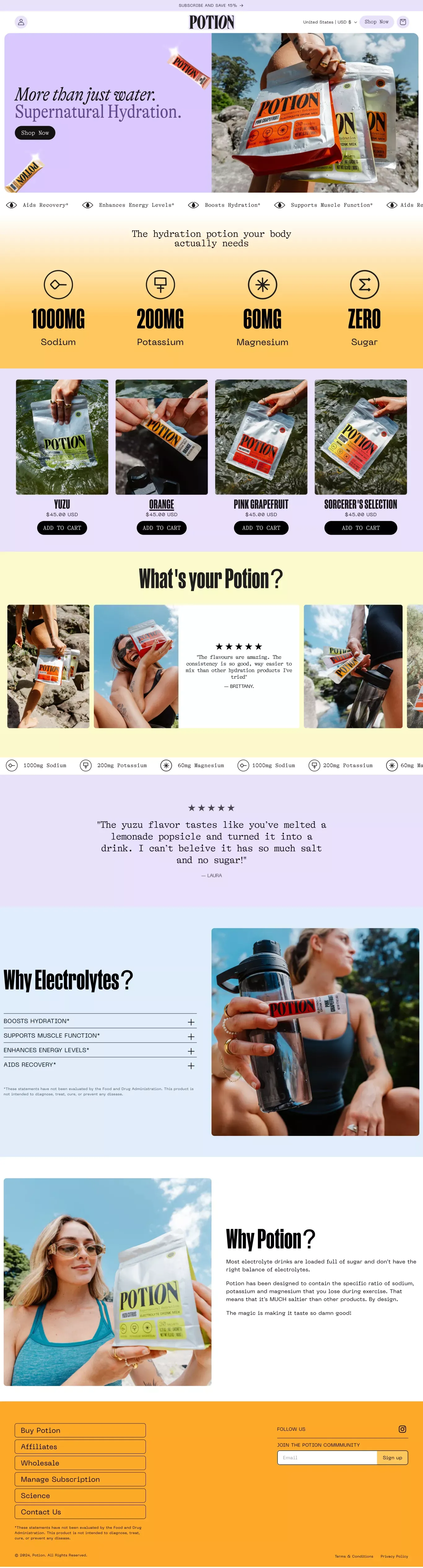 Potion Hydration ecommerce page screenshot showcasing Ecommerce and Food & Drinks design