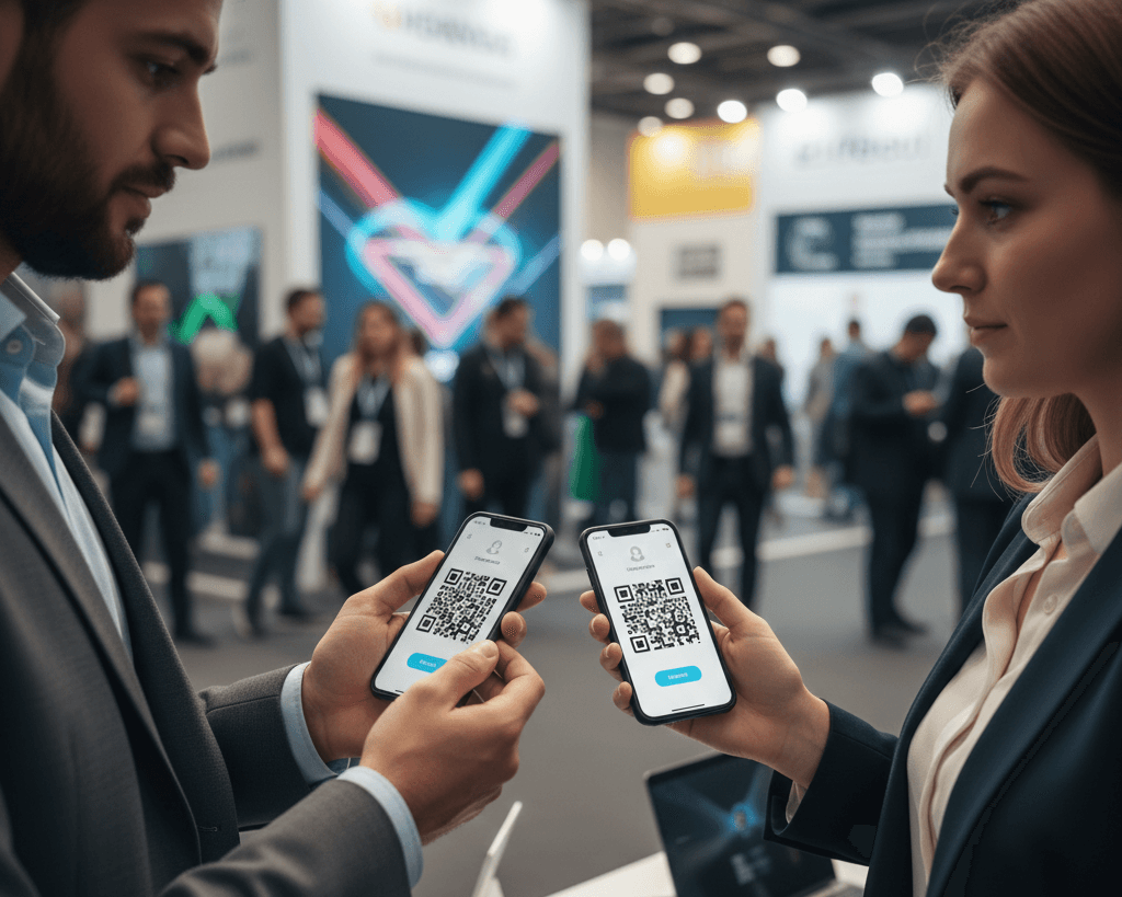 QR code business card exchange at a crowded trade show using Habsy digital business card app for fast contact capture