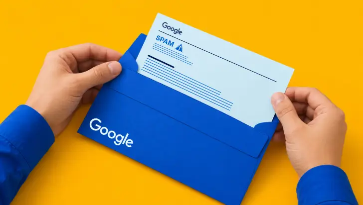 Hands pulling a Google Spam Update notice from a blue envelope on yellow background.