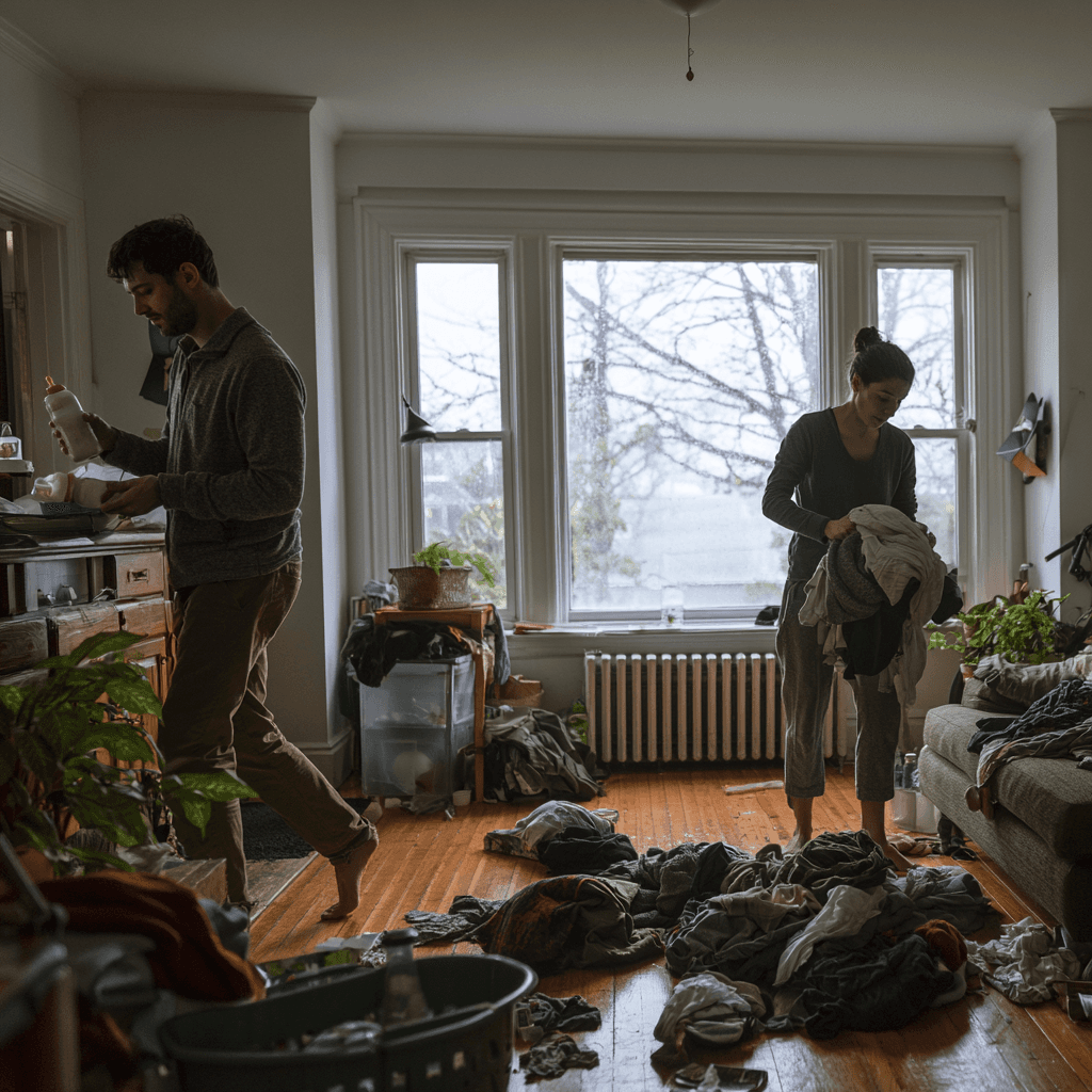 Two exhausted new parents managing bottles and laundry in a cluttered living room