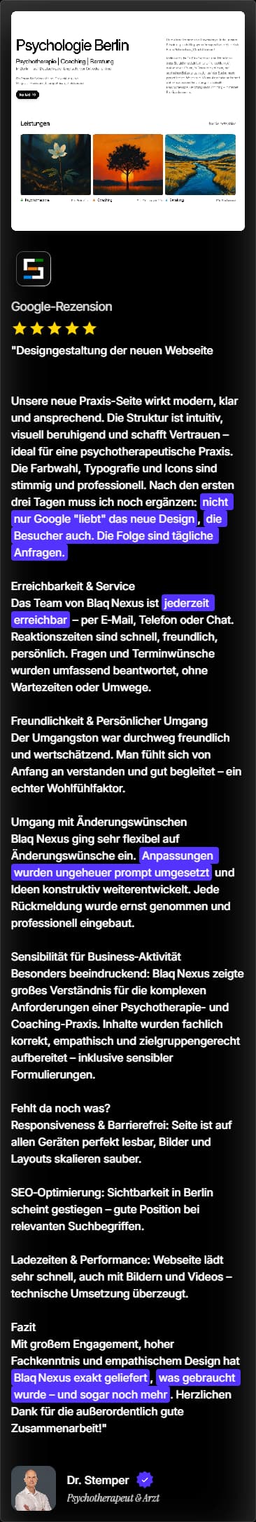 Ein beispiel für ein Text-Testimonial, dass sich auf der Seite von Blaq Nexus befindet