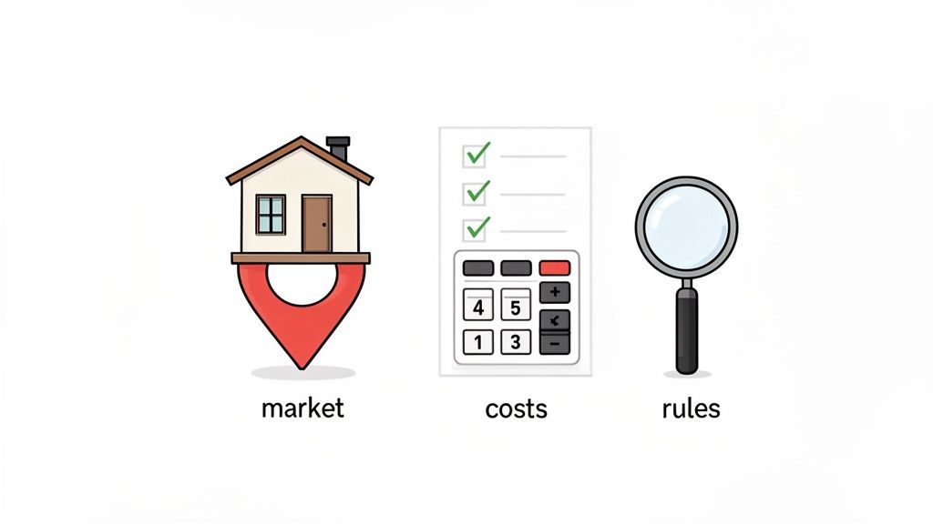 A conceptual illustration showing market, costs, and rules relevant to real estate or property.