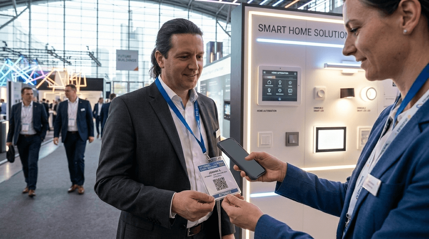 Exhibitor scanning trade show badges at Light + Building 2026 using a business card scanner app for fast lead capture in Frankfurt.