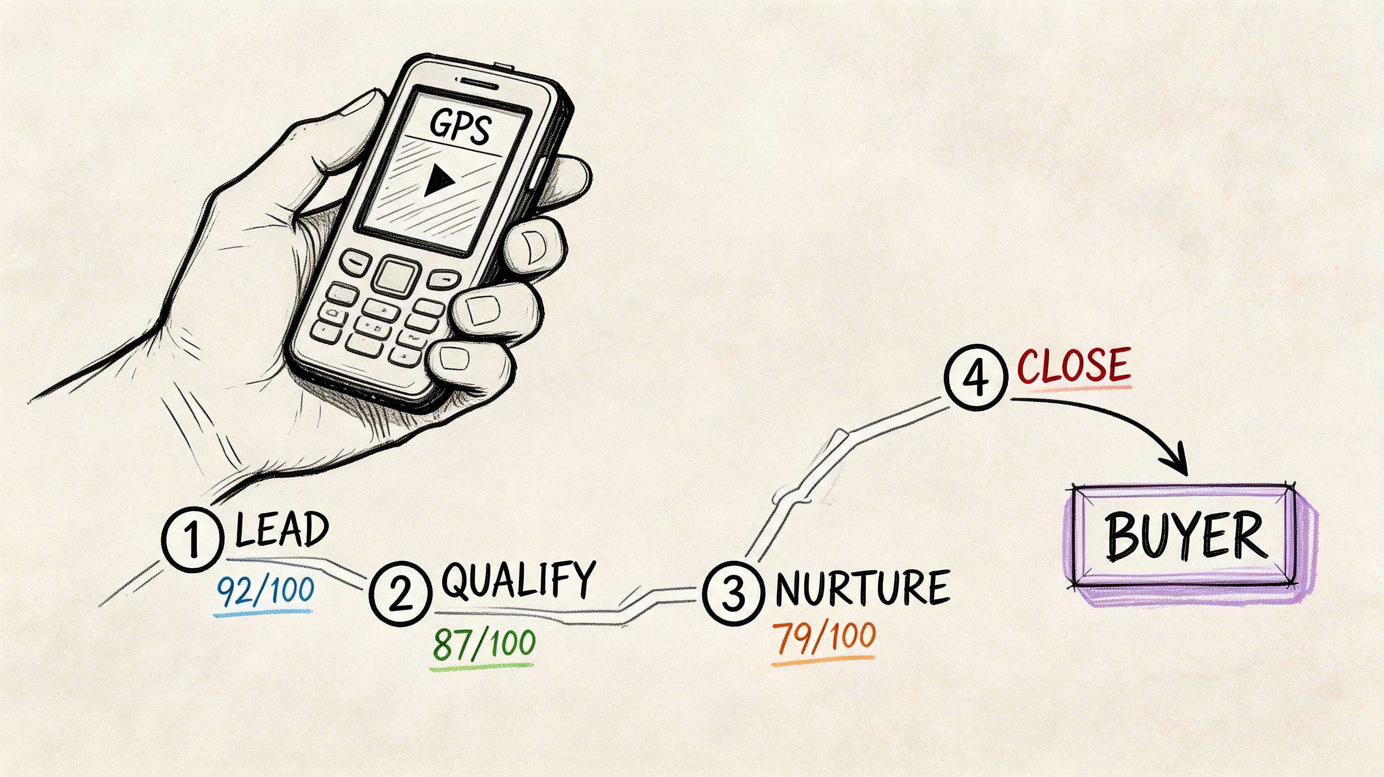 A hand holding a mobile phone representing a business process flow from lead qualification to buyer conversion.