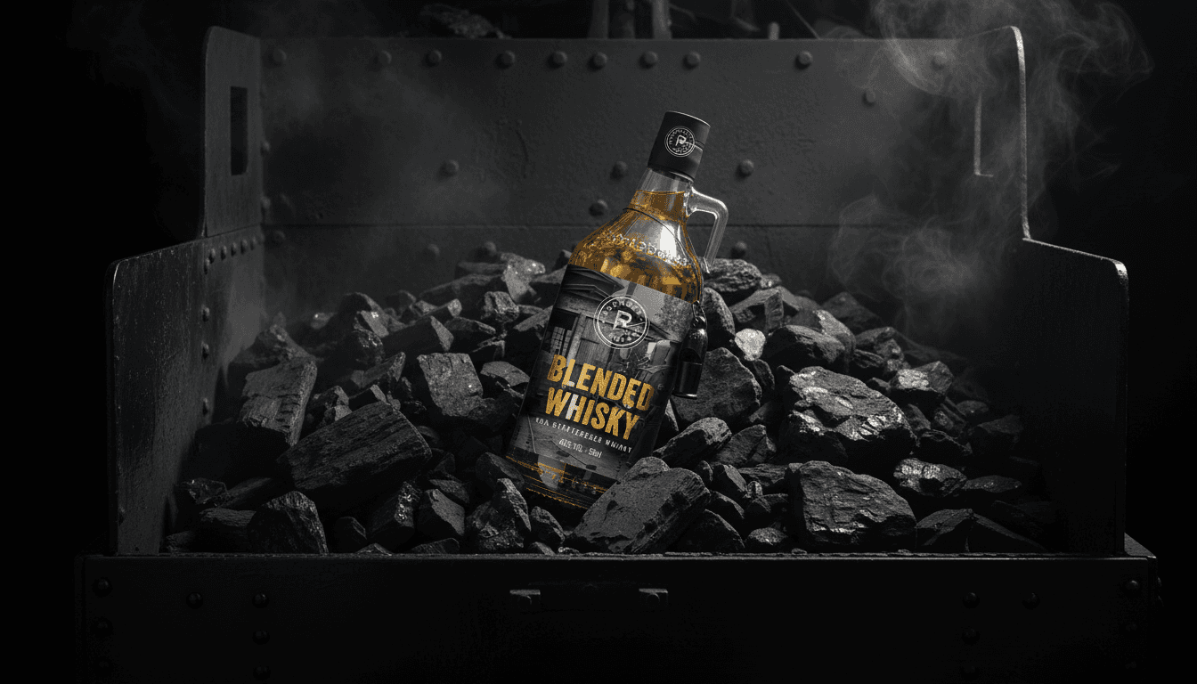 Blended whisky bottle amidst coal and steam.